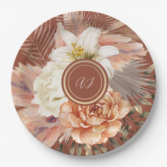 Terracotta Floral Wedding Paper Plates (Front)