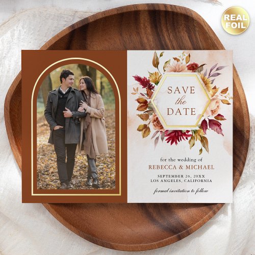 Terracotta Floral Wedding Photo Save The Date Card