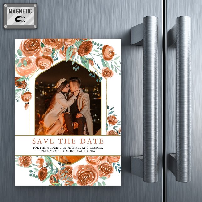 Terracotta Floral Wedding Photo Save the Date Magnetic Invitation (Creator Uploaded)