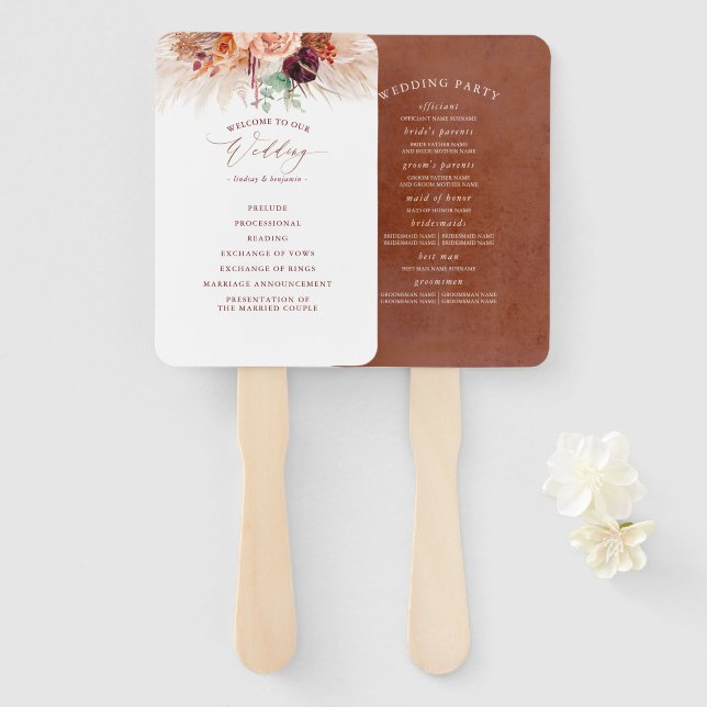 Terracotta Floral Wedding Program Hand Fan (Front and Back)