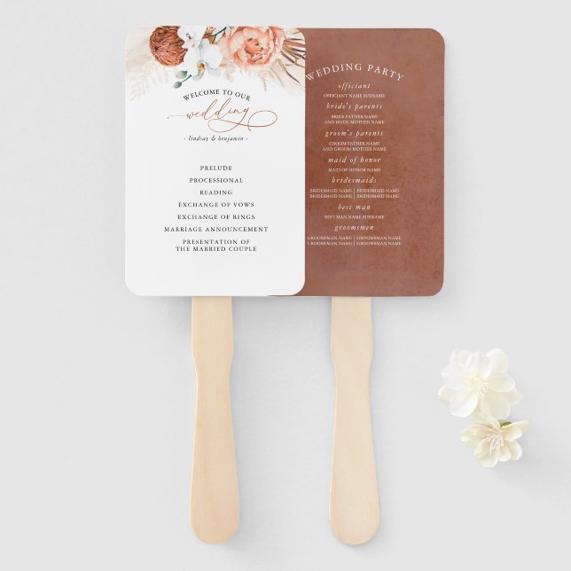 Terracotta Floral Wedding Program Hand Fan (Front and Back)