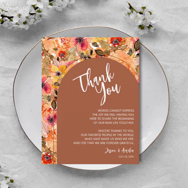 Terracotta Floral Wedding Reception Plate Thank You Card | Zazzle