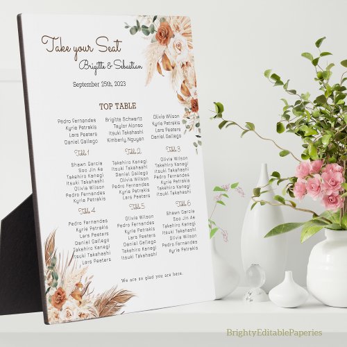 Terracotta Floral Wedding Seating chart Plaque