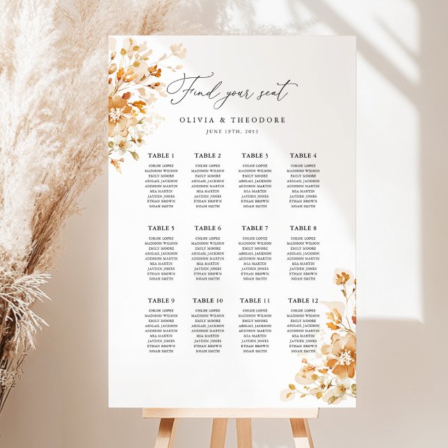 Terracotta Floral Wedding Seating Chart Sign (Terracotta floral wedding seating chart sign with elegant calligraphy, burnt orange, neutral boho)
