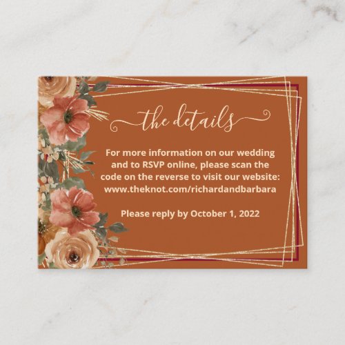 Terracotta Floral Wedding Website Details QR   Enclosure Card