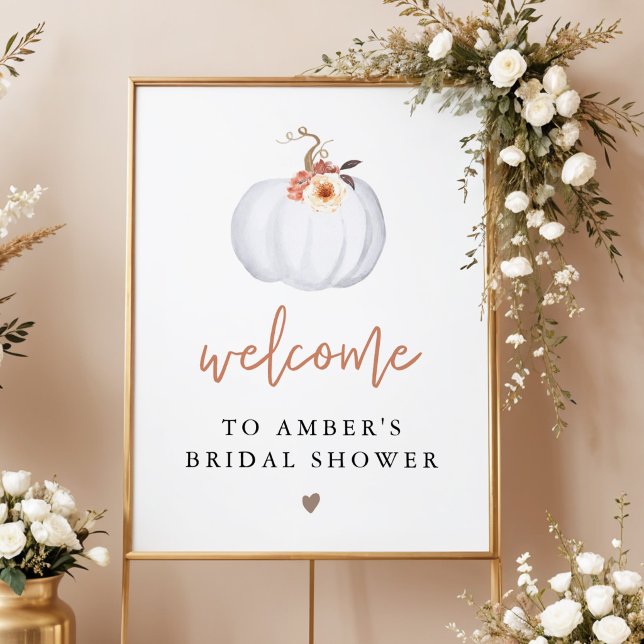 Terracotta Floral White Pumpkin Bridal Shower Poster (Terracotta Floral White Pumpkin Bridal Shower Welcome Sign)
