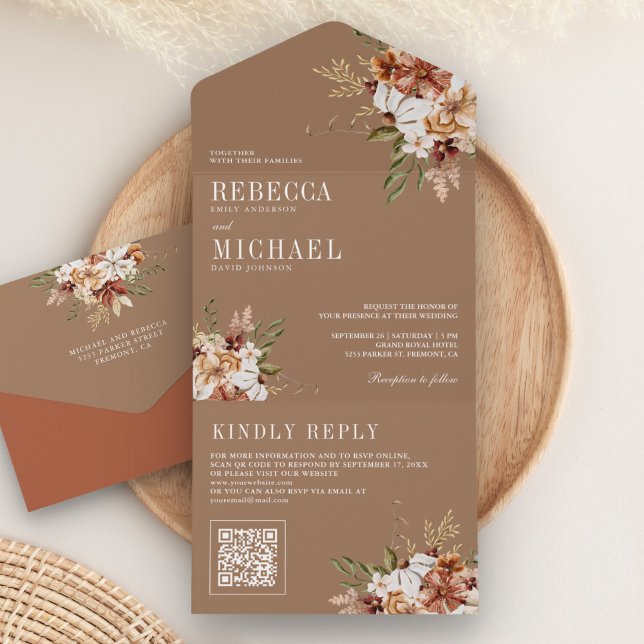Terracotta Floral Wildflower Beige Wedding All In One Invitation (Creator Uploaded)