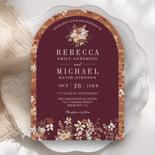 Terracotta Floral Wildflower Burgundy Arch Wedding Invitation (Creator Uploaded)