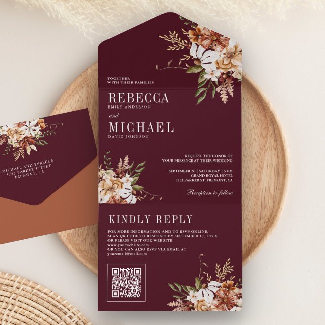 Terracotta Floral Wildflower Burgundy Wedding All In One Invitation (Creator Uploaded)