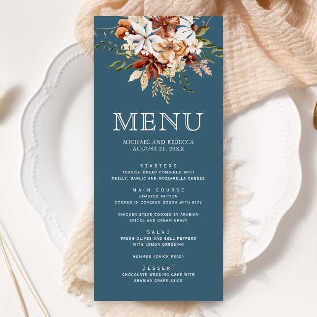 Terracotta Floral Wildflower Dusty Blue Wedding Menu (Creator Uploaded)