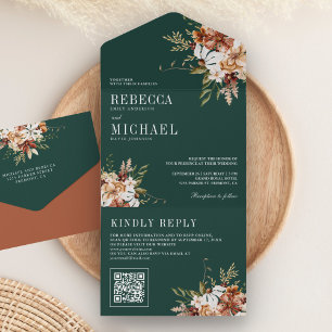 Terracotta Floral Wildflower Emerald Green Wedding All In One Invitation