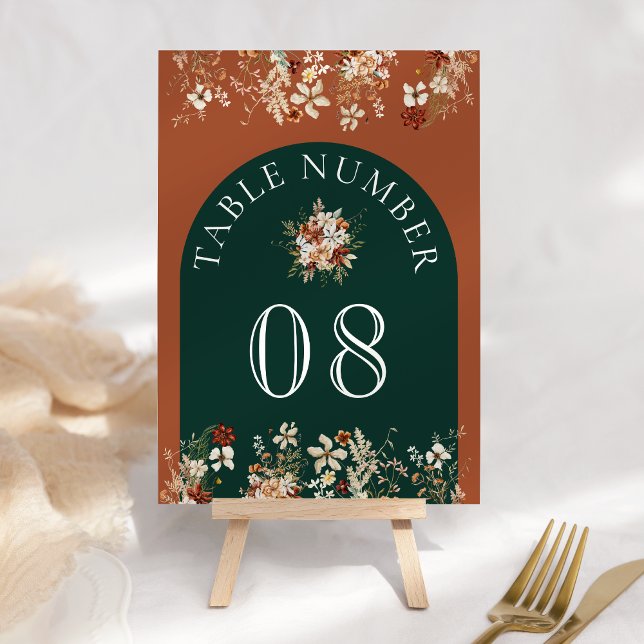 Terracotta Floral Wildflower Emerald Green Wedding Table Number (Creator Uploaded)