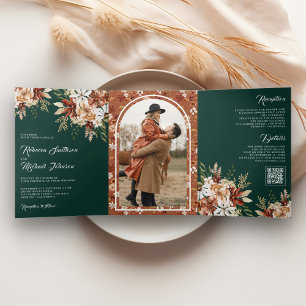Terracotta Floral Wildflower Emerald Green Wedding Tri-Fold Invitation