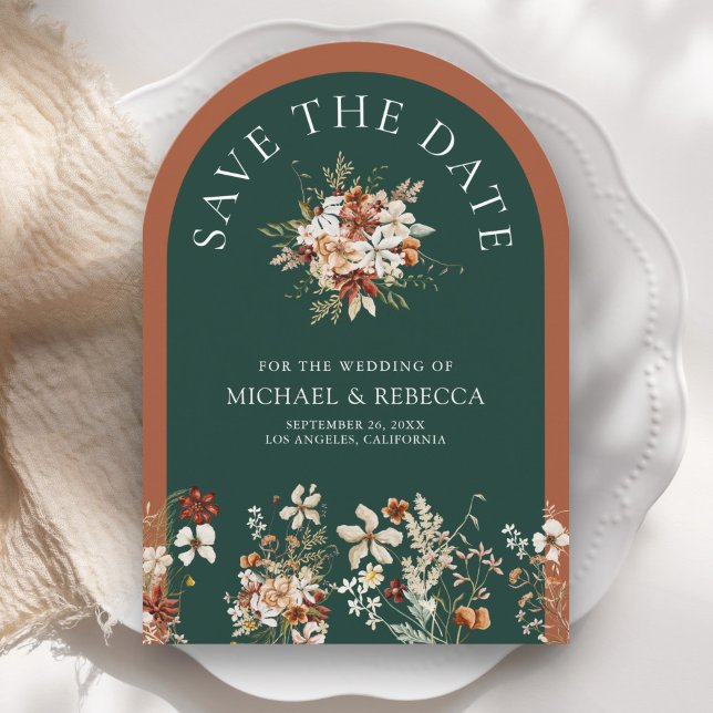 Terracotta Floral Wildflower Emerald Wedding Photo Save The Date (Creator Uploaded)