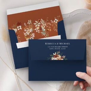 Terracotta Floral Wildflower Navy Blue Wedding Envelope