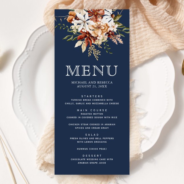 Terracotta Floral Wildflower Navy Blue Wedding Menu (Creator Uploaded)