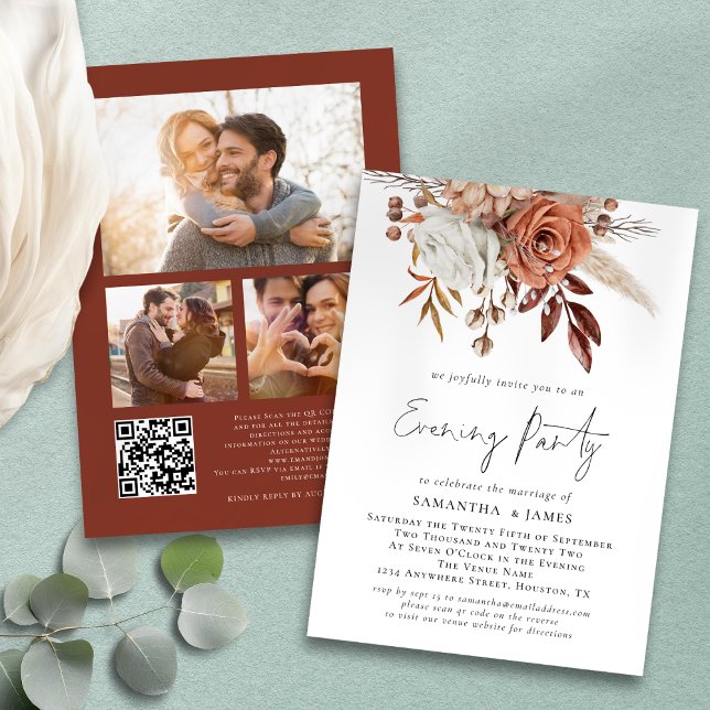 Terracotta Florals 3 Photos Wedding Evening Party Invitation (Front and back view)