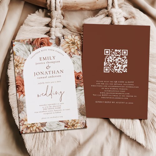 Terracotta Florals Arch Frame QR Code Wedding Invitation