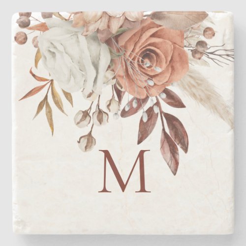 Terracotta Florals Grasses Monogram Initial Stone Coaster