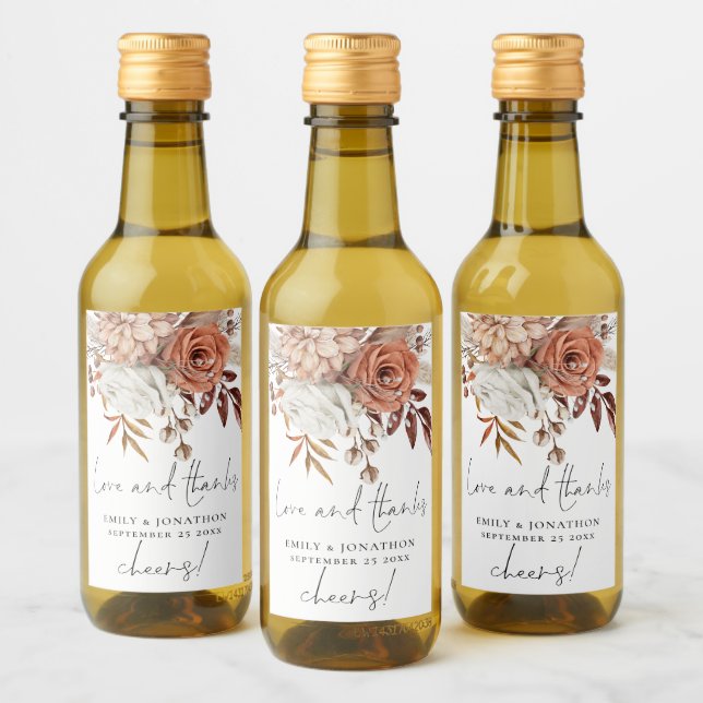 Terracotta Florals Love Thanks Name Date Wedding Wine Label (Bottles)