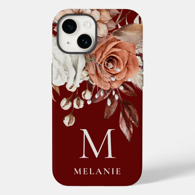 Terracotta Florals Monogram Initial Name Burgundy Case-Mate iPhone Case (Back)