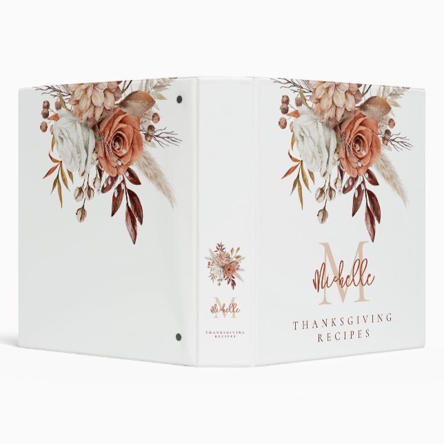  Terracotta Florals Monogram Thanksgiving Recipes 3 Ring Binder (Background)