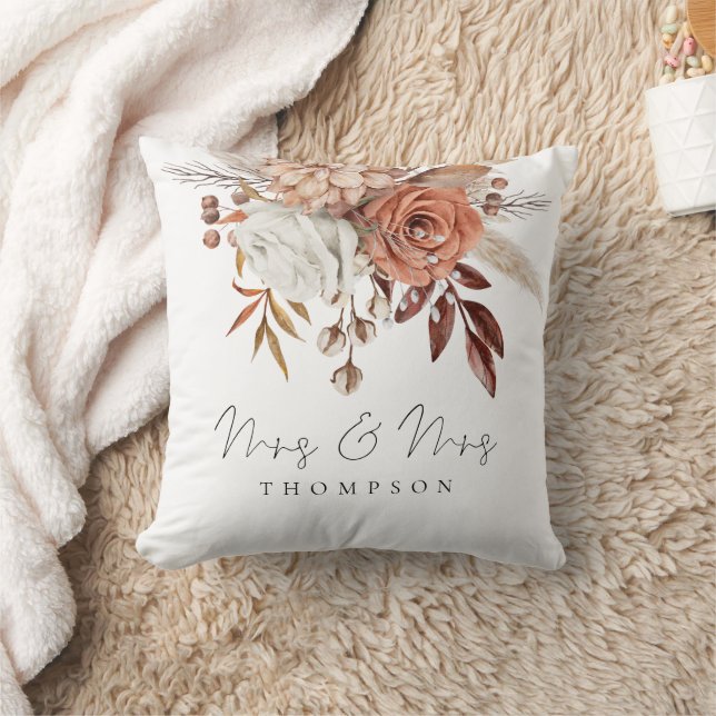 Terracotta Florals Mrs Mrs Name Newlyweds Throw Pillow (Blanket)