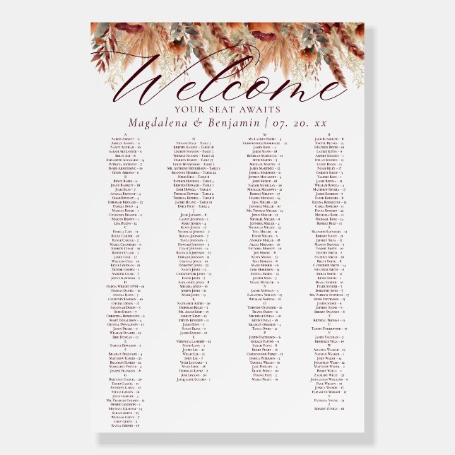Terracotta Florals Pampas Wedding Seating Chart Foam Board (Front)