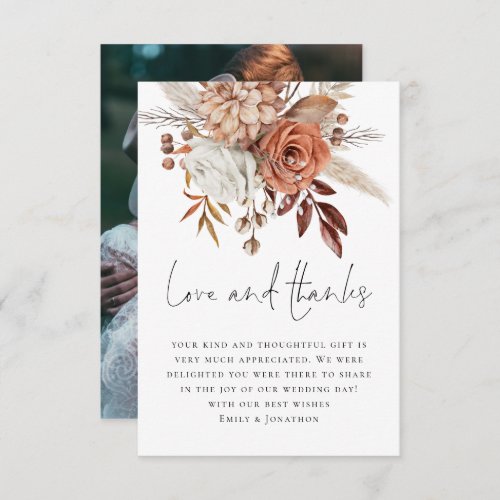 Terracotta Florals Photo Love Thanks Wedding Thank You Card