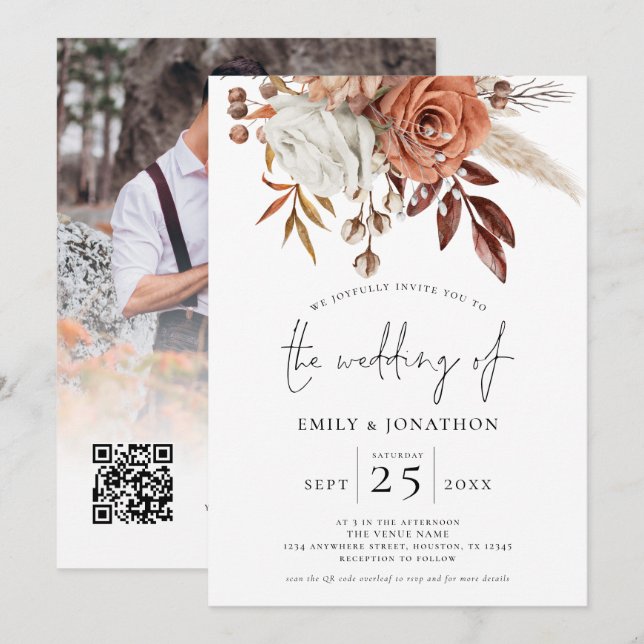Terracotta Florals Photo Overlay QR Code Wedding  Invitation (Front/Back)