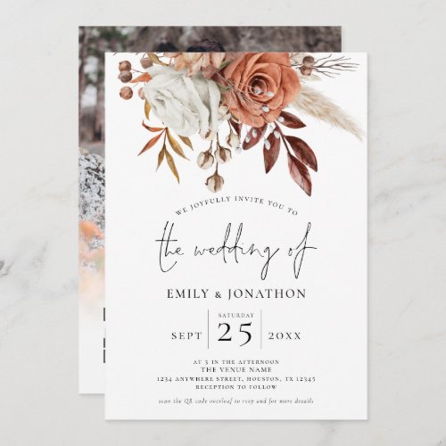 Terracotta Florals Photo Overlay QR Code Wedding  Invitation