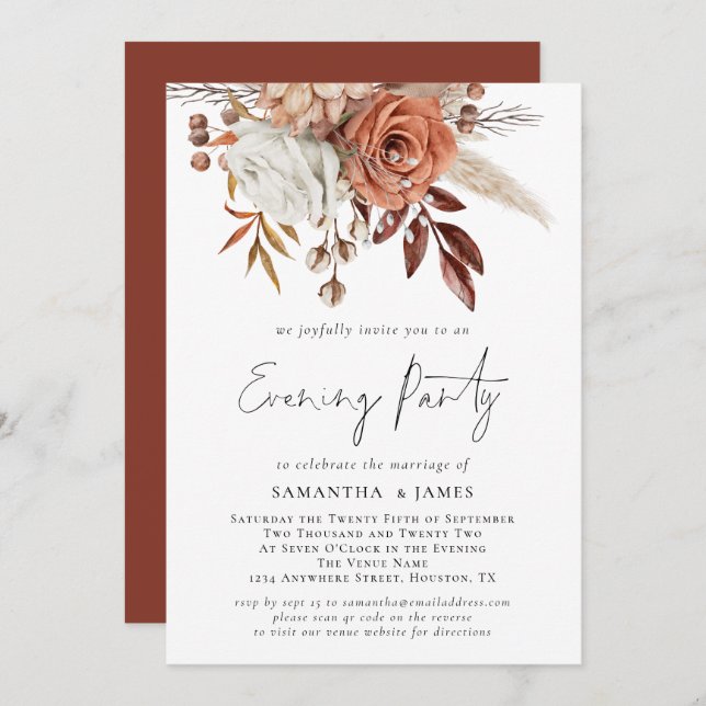 Terracotta Florals QR Code Wedding Evening Party Invitation (Front/Back)