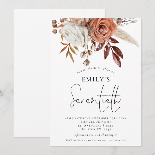 Terracotta Florals Seventieth Birthday Party Invitation (Front/Back)