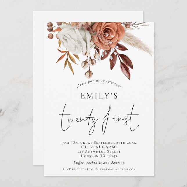 Terracotta Florals Twenty First Birthday Party Invitation (Front/Back)
