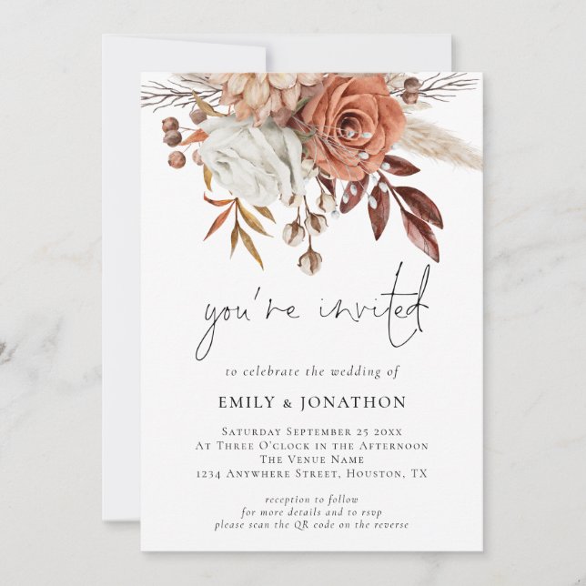 Terracotta Florals You’re Invited QR Code Wedding Invitation (Front)