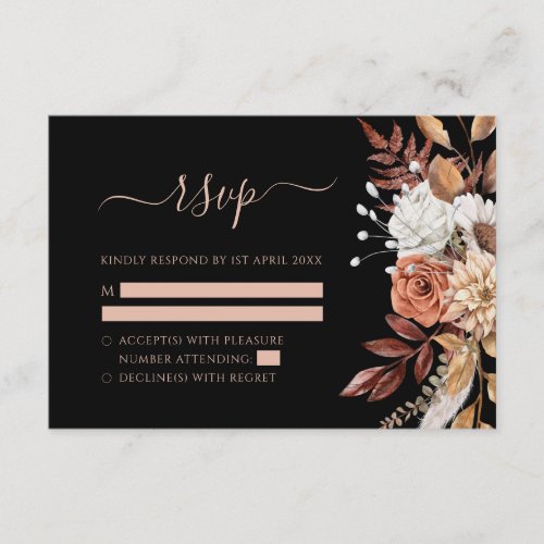 Terracotta Flower Fall Foliage Moody Black Wedding RSVP Card
