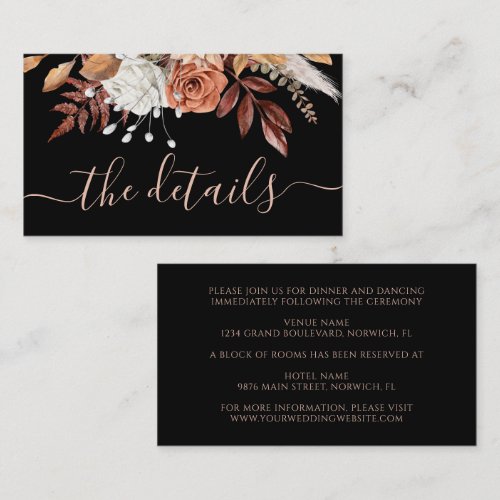 Terracotta Flower Moody Black Fall Wedding Details Enclosure Card