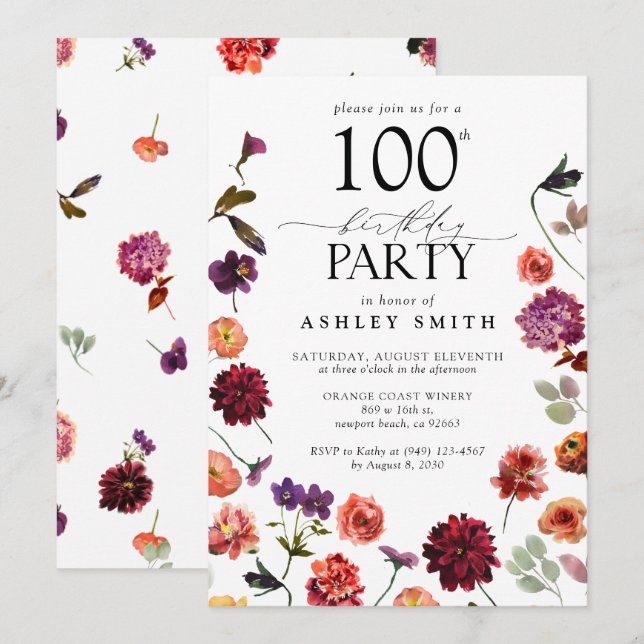 Terracotta Flowers 100th Birthday Party Elegant  Invitation (Front/Back)