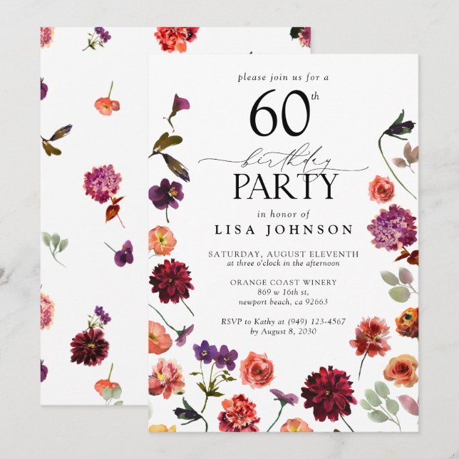 Terracotta Flowers 60th Birthday Party Vintage Invitation (Front/Back)