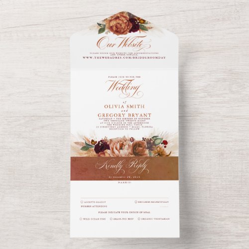 Terracotta Flowers and Pampas Grass Exotic Wedding All In One Invitation