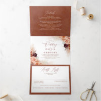 Terracotta Flowers and Pampas Grass Exotic Wedding Tri-Fold Invitation