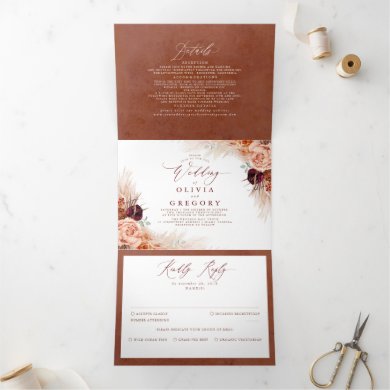 Terracotta Flowers and Pampas Grass Exotic Wedding Tri-Fold Invitation