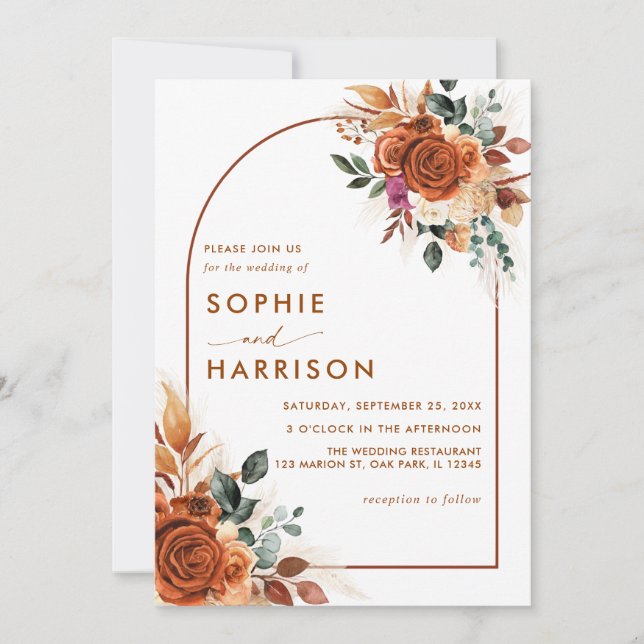 Terracotta Flowers and Pampas Grass Rust Wedding Invitation (Front)