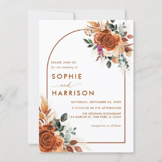 Terracotta Flowers and Pampas Grass Rust Wedding Invitation