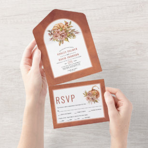 Terracotta flowers and pumpkin fall wedding all in one invitation