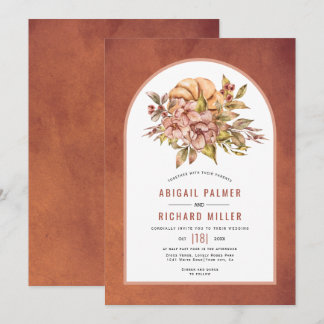 Terracotta flowers and pumpkin fall wedding  invit invitation