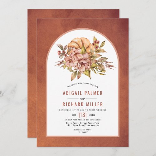 Terracotta flowers and pumpkin fall wedding  invit invitation
