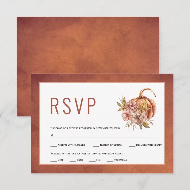 Terracotta flowers and pumpkin fall wedding RSVP card (Front/Back)