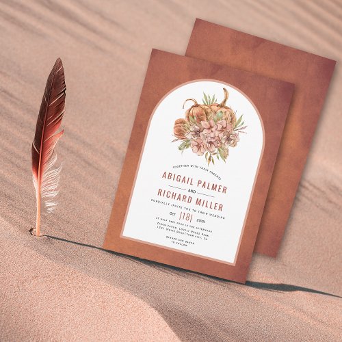 Terracotta flowers and pumpkins fall wedding invitation