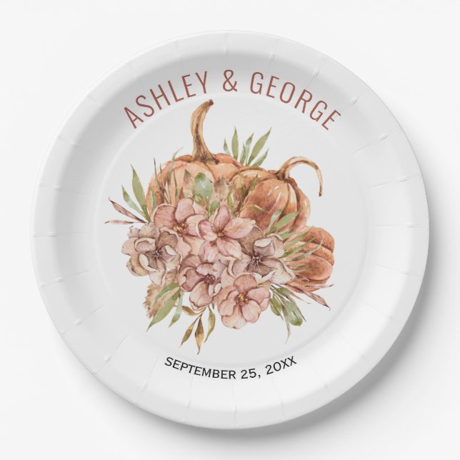 Terracotta flowers and pumpkins fall wedding paper plates (Front)